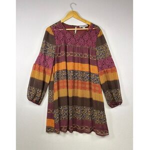 Boho Patchwork Ruff Hewn Grey Womens Large Multicolor Lace Inset Mini Dress